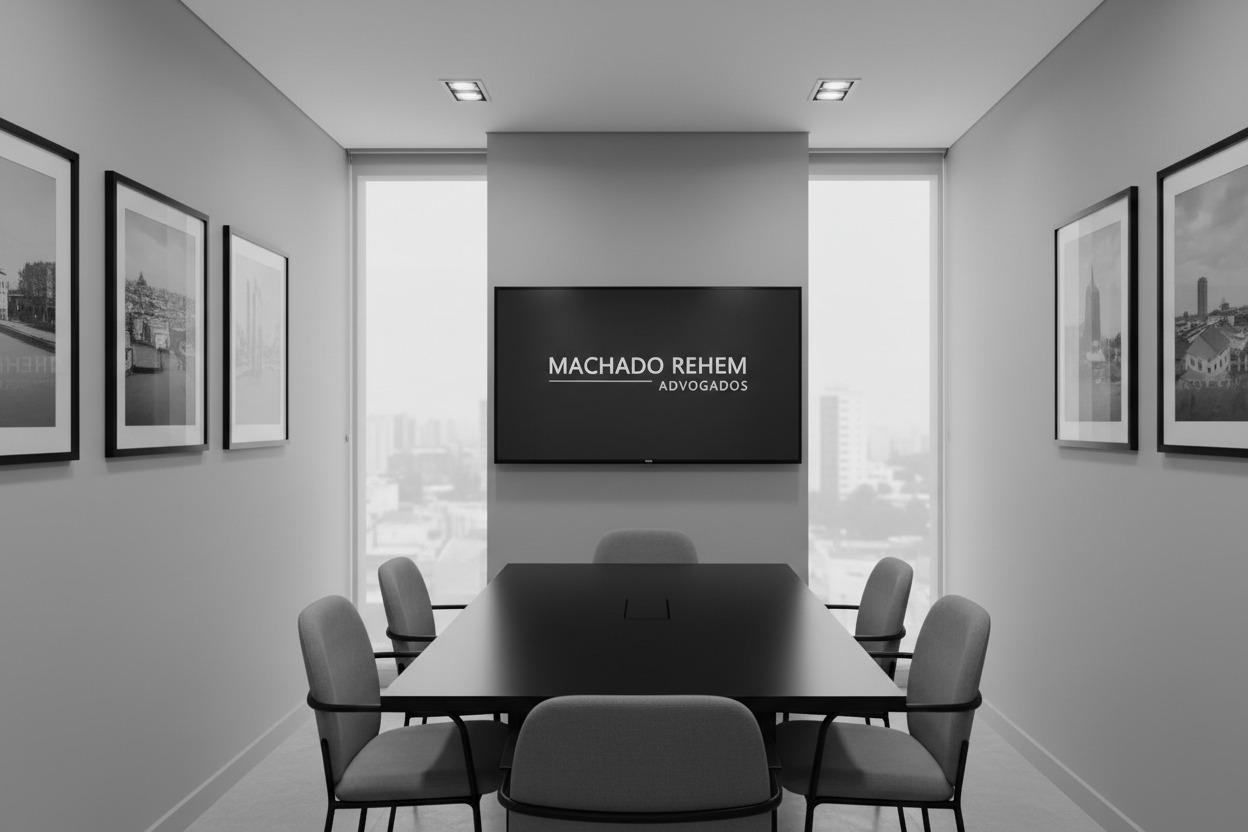 Sala de reunião moderna com mesa preta, cadeiras cinzas e uma tela exibindo a logomarca Machado Rehem Advogados.